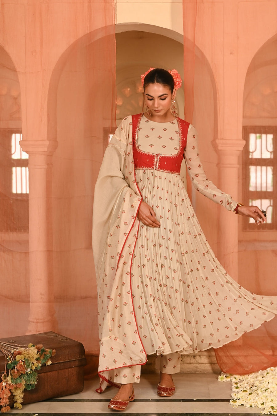 WOMEN'S BEIGE, RED CHIFFON GULAL ANARKALI SET