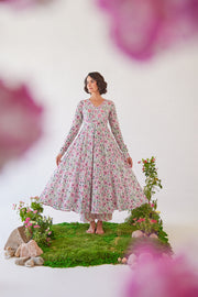 WOMEN'S PINK & WHITE COTTON SAKURA ANARKALI SET