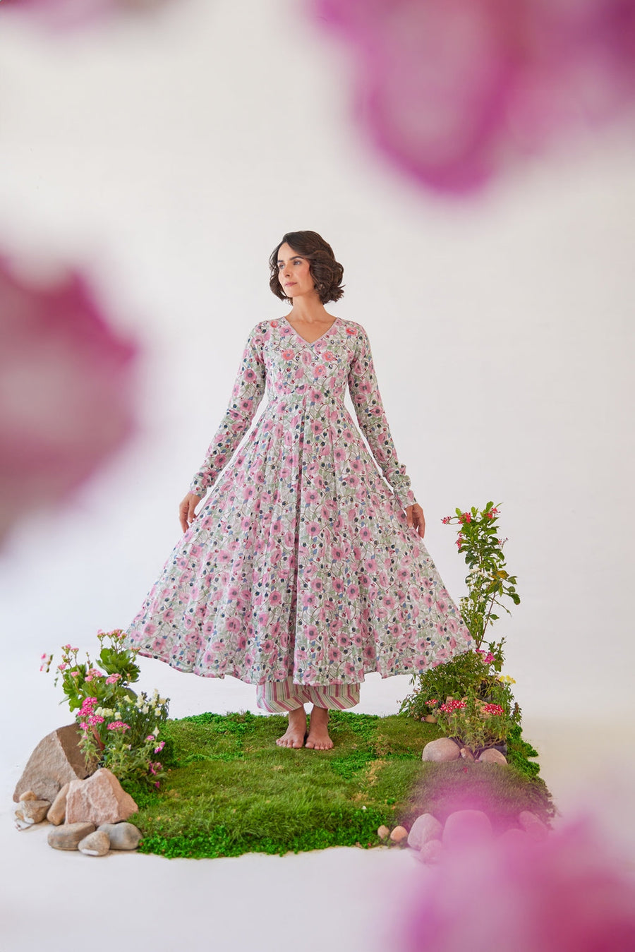 WOMEN'S PINK & WHITE COTTON SAKURA ANARKALI SET