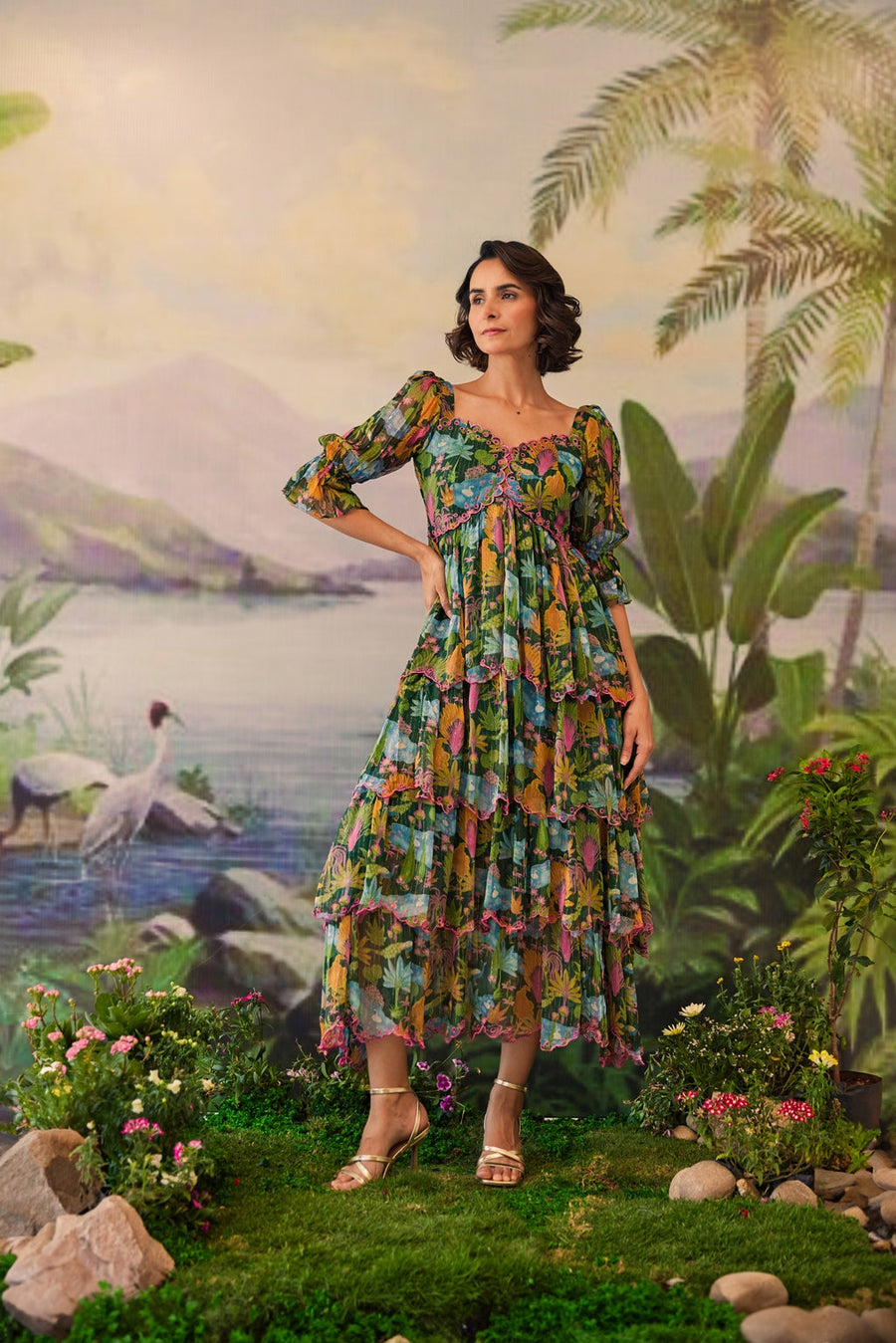 WOMEN'S GREEN LUREX CHIFFON AANYA DRESS