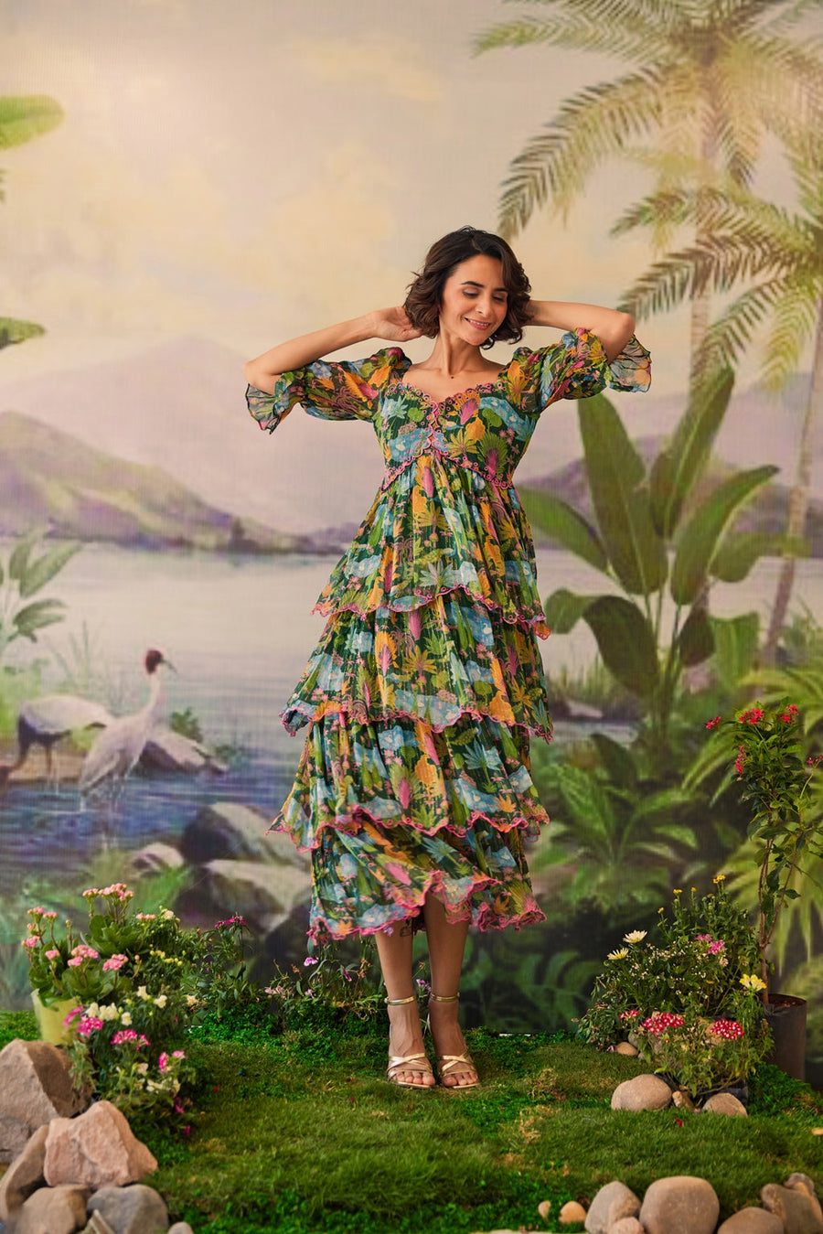 WOMEN'S GREEN LUREX CHIFFON AANYA DRESS