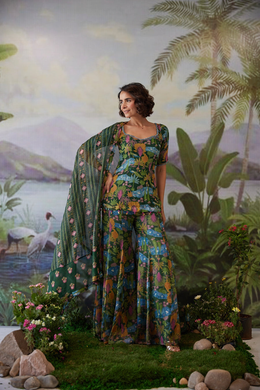 WOMEN'S GREEN LUREX CHIFFON KAURAVI GHARARA