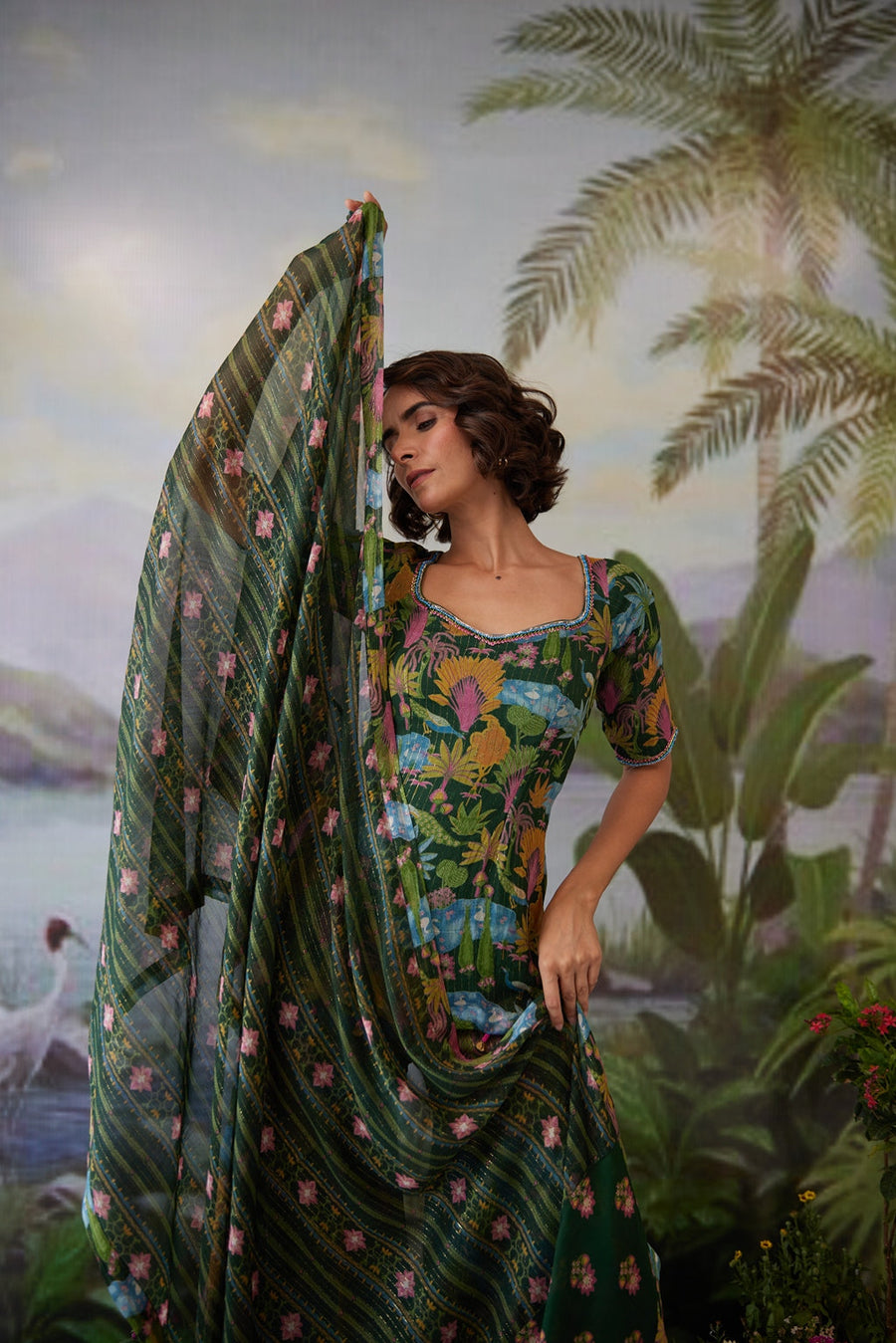 WOMEN'S GREEN LUREX CHIFFON KAURAVI TOP