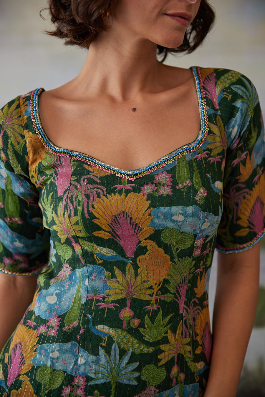 WOMEN'S GREEN LUREX CHIFFON KAURAVI TOP