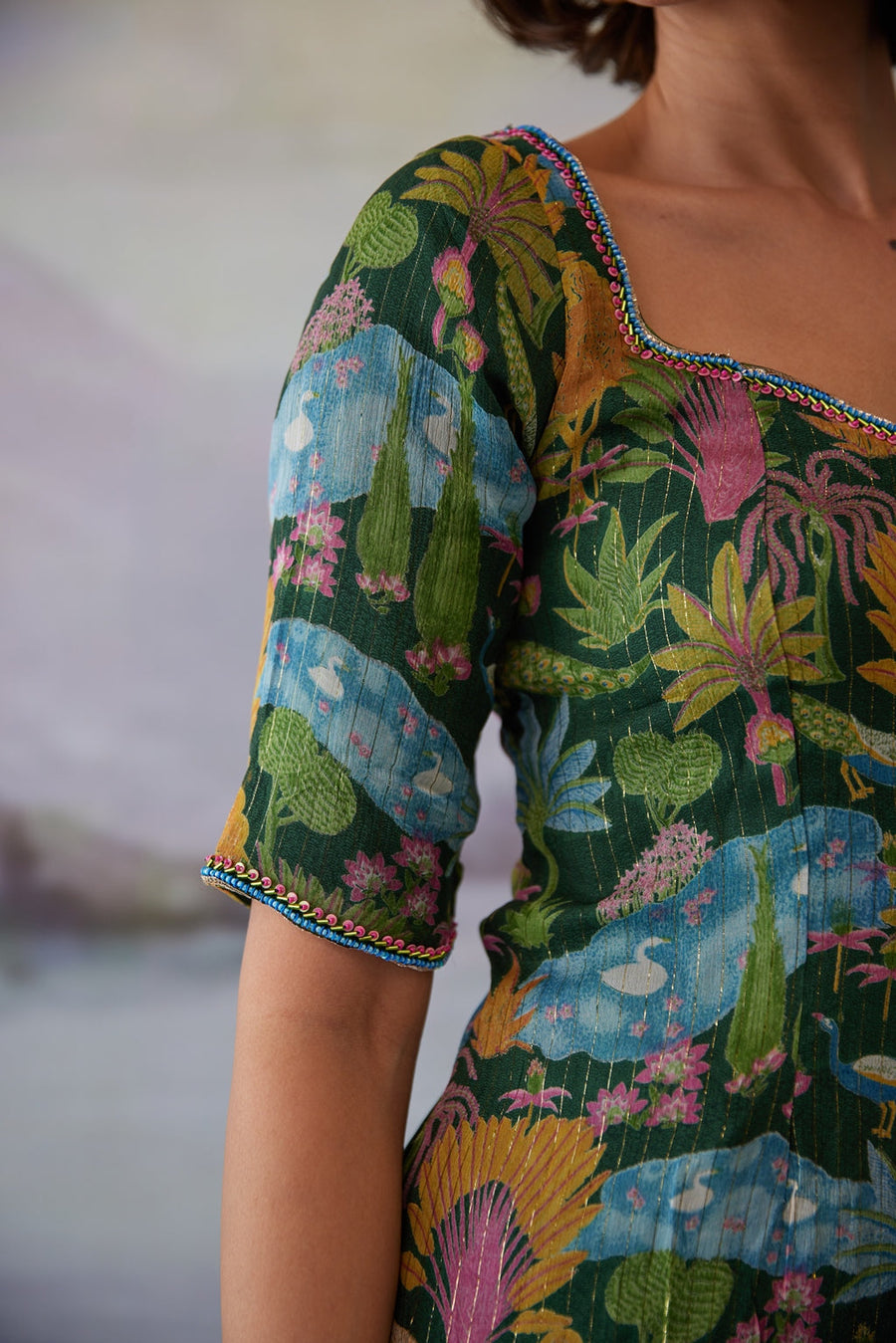 WOMEN'S GREEN LUREX CHIFFON KAURAVI TOP