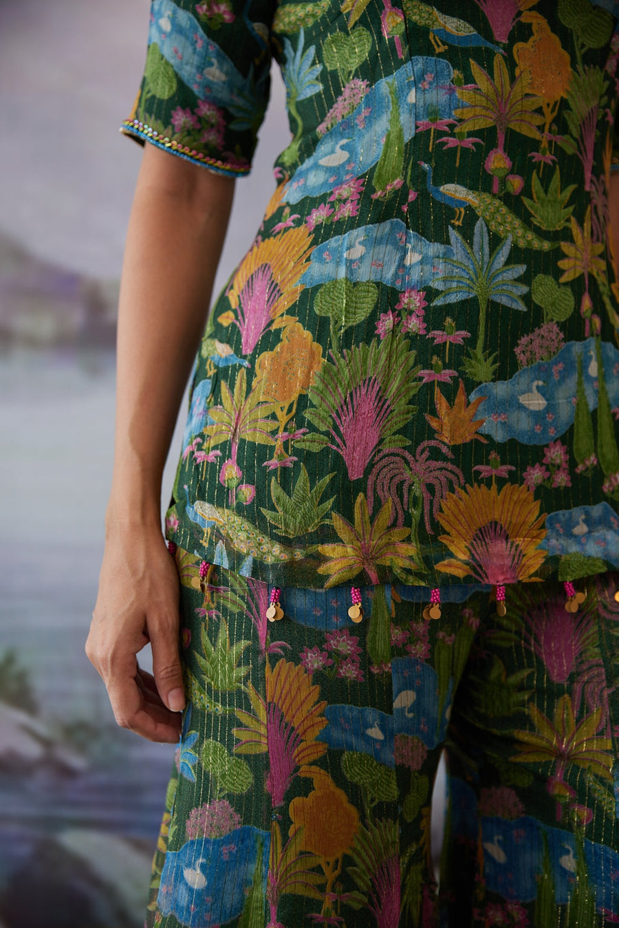 WOMEN'S GREEN LUREX CHIFFON KAURAVI TOP