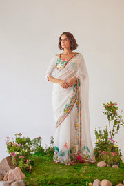 WOMEN'S WHITE CHIFFON IMAAN SAREE WITH BLOUSE