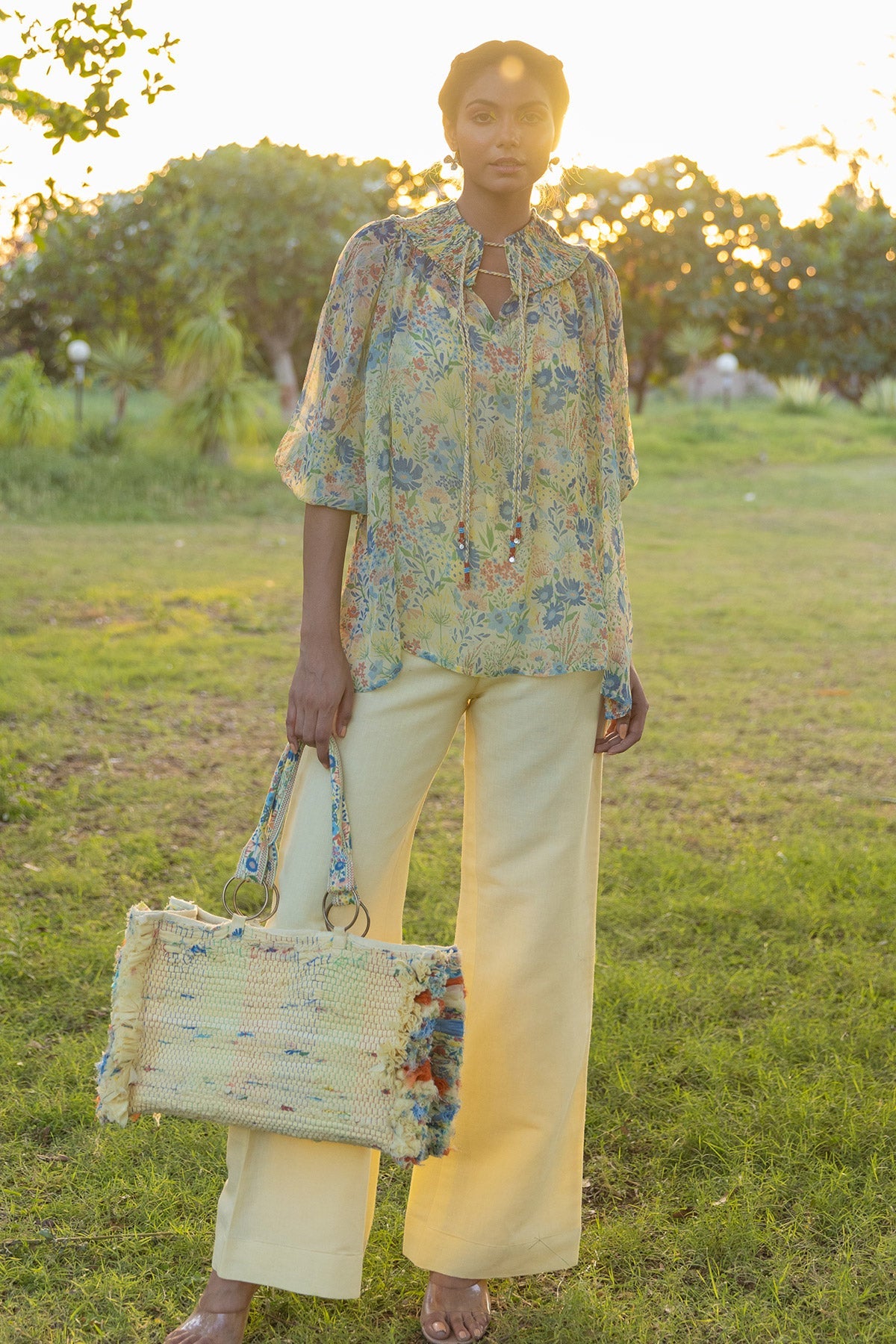 WOMEN'S PASTEL YELLOW - MULTICOLOR CHIFFON ELIVA TOP WITH SLIP