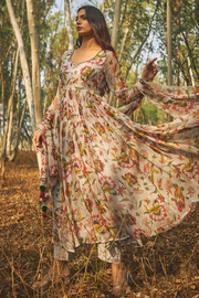 WOMEN'S GREY CHIFFON & COTTON MODAL ROHIRA KURTA SET