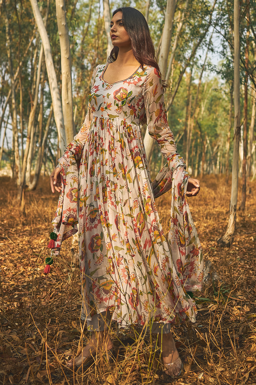 WOMEN'S GREY CHIFFON & COTTON MODAL ROHIRA KURTA SET