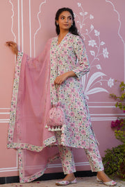 WOMEN'S PINK AND WHITE COTTON MELLOW KURTA SET