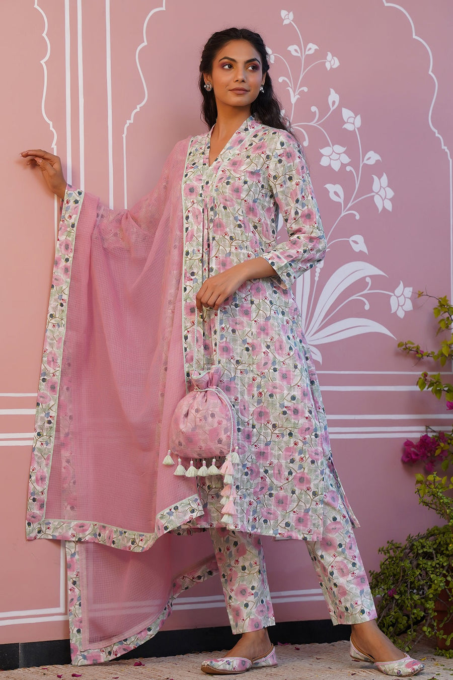 WOMEN'S PINK AND WHITE COTTON MELLOW KURTA SET