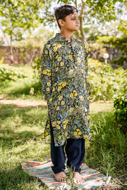KID'S BLACK - MULTICOLOR COTTON MOSS AMIAS KURTA SET