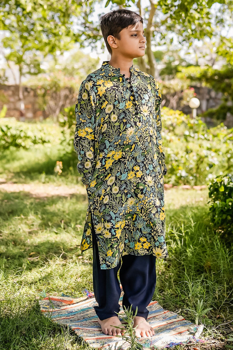 KID'S BLACK - MULTICOLOR COTTON MOSS AMIAS KURTA SET