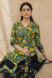 WOMEN'S BLACK - MULTI COLOR COTTON MOSS MIA STRAIGHT KURTA SET