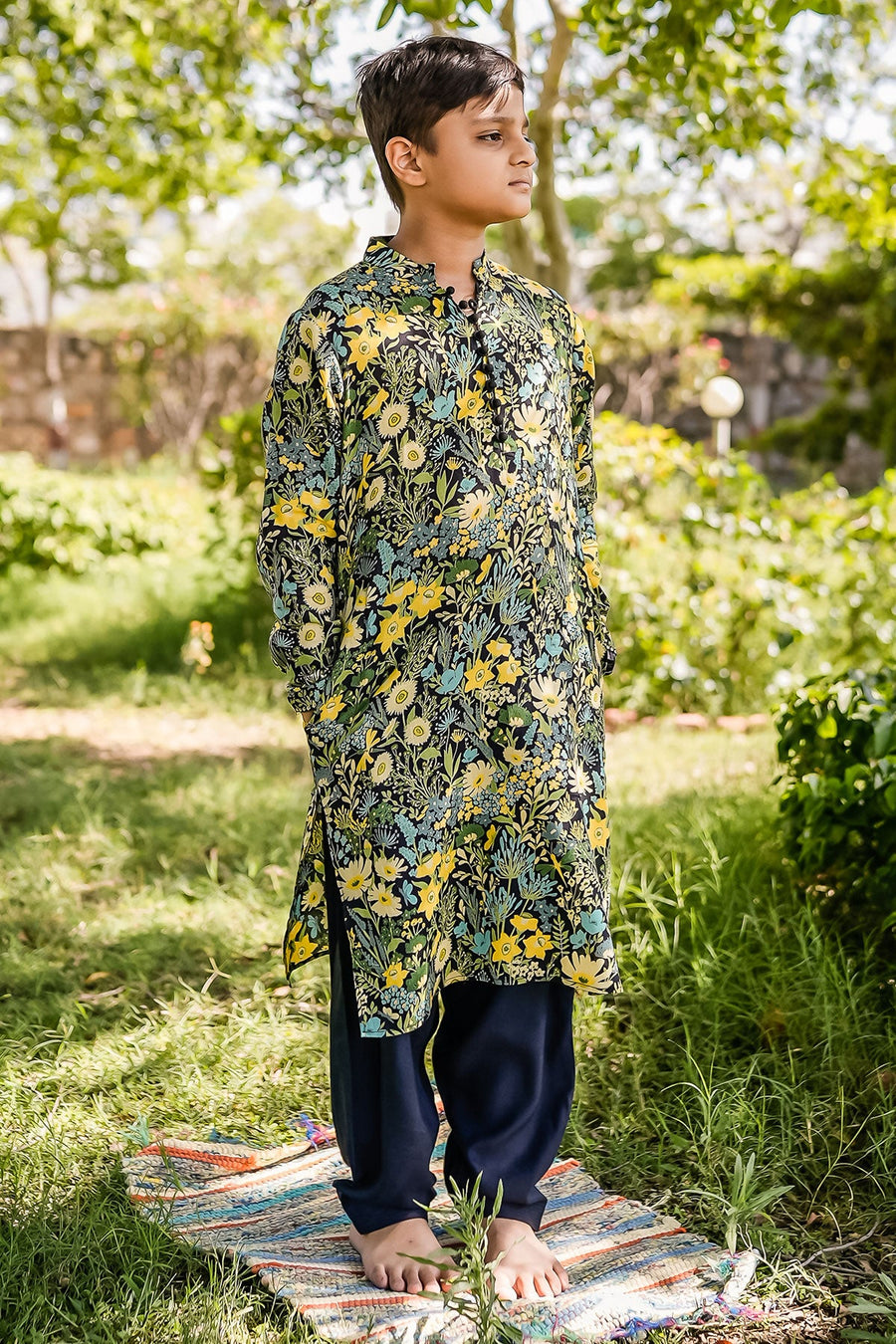 KID'S BLACK - MULTICOLOR COTTON MOSS AMAIS KURTA