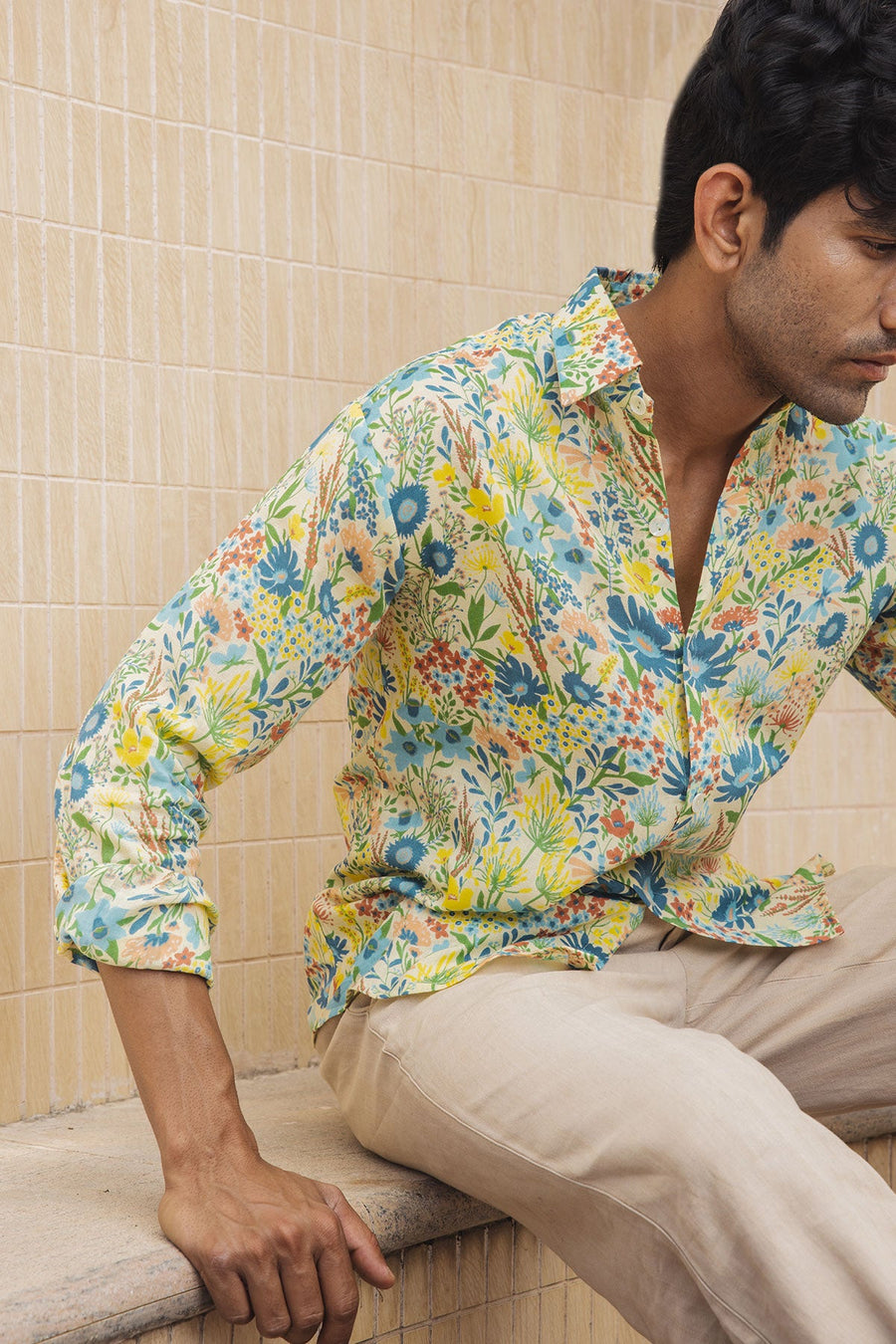 MEN'S PASTEL YELLOW - MULTICOLOR COTTON MOSS LIRIO SHIRT