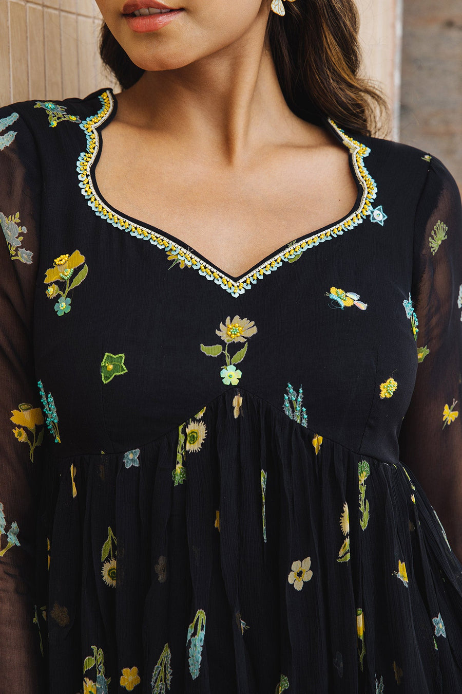 WOMEN'S BLACK - MULTICOLOR CHIFFON STARDUST ANARKALI KURTA