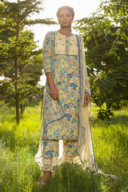 WOMEN'S PASTEL YELLOW - MULTI COLOR COTTON MOSS OLIVIA STRAIGHT KURTA SET