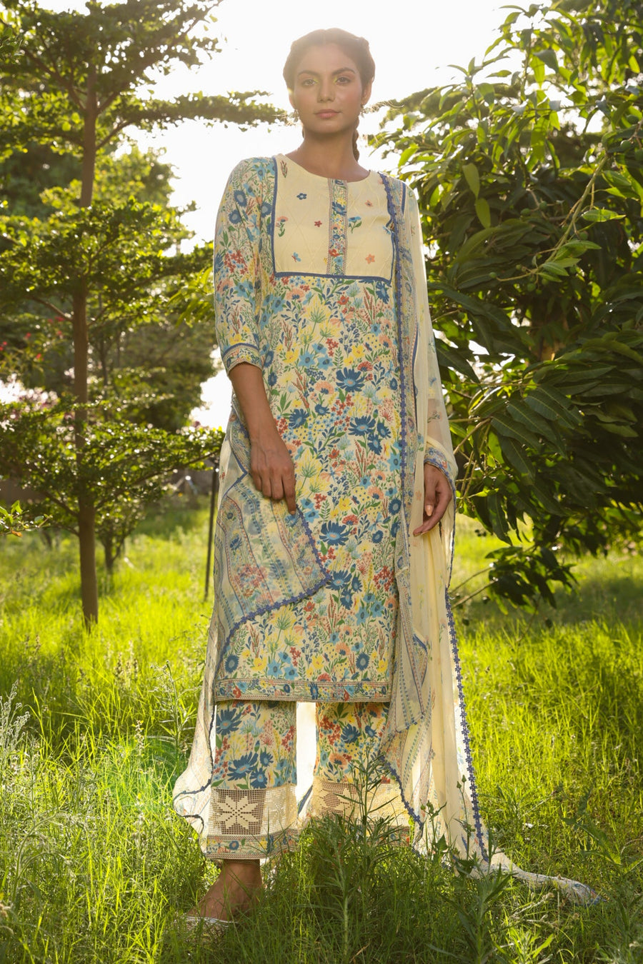 WOMEN'S PASTEL YELLOW - MULTI COLOR COTTON MOSS OLIVIA STRAIGHT KURTA SET