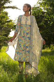 WOMEN'S PASTEL YELLOW - MULTI COLOR COTTON MOSS OLIVIA STRAIGHT KURTA SET