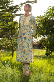 WOMEN'S PASTEL YELLOW - MULTI COLOR COTTON MOSS OLIVIA STRAIGHT KURTA SET
