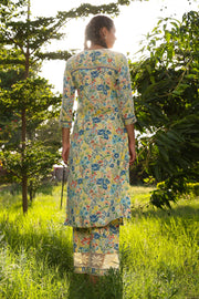 WOMEN'S PASTEL YELLOW - MULTI COLOR COTTON MOSS OLIVIA STRAIGHT KURTA SET