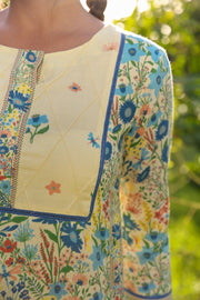 WOMEN'S PASTEL YELLOW - MULTI COLOR COTTON MOSS OLIVIA STRAIGHT KURTA SET