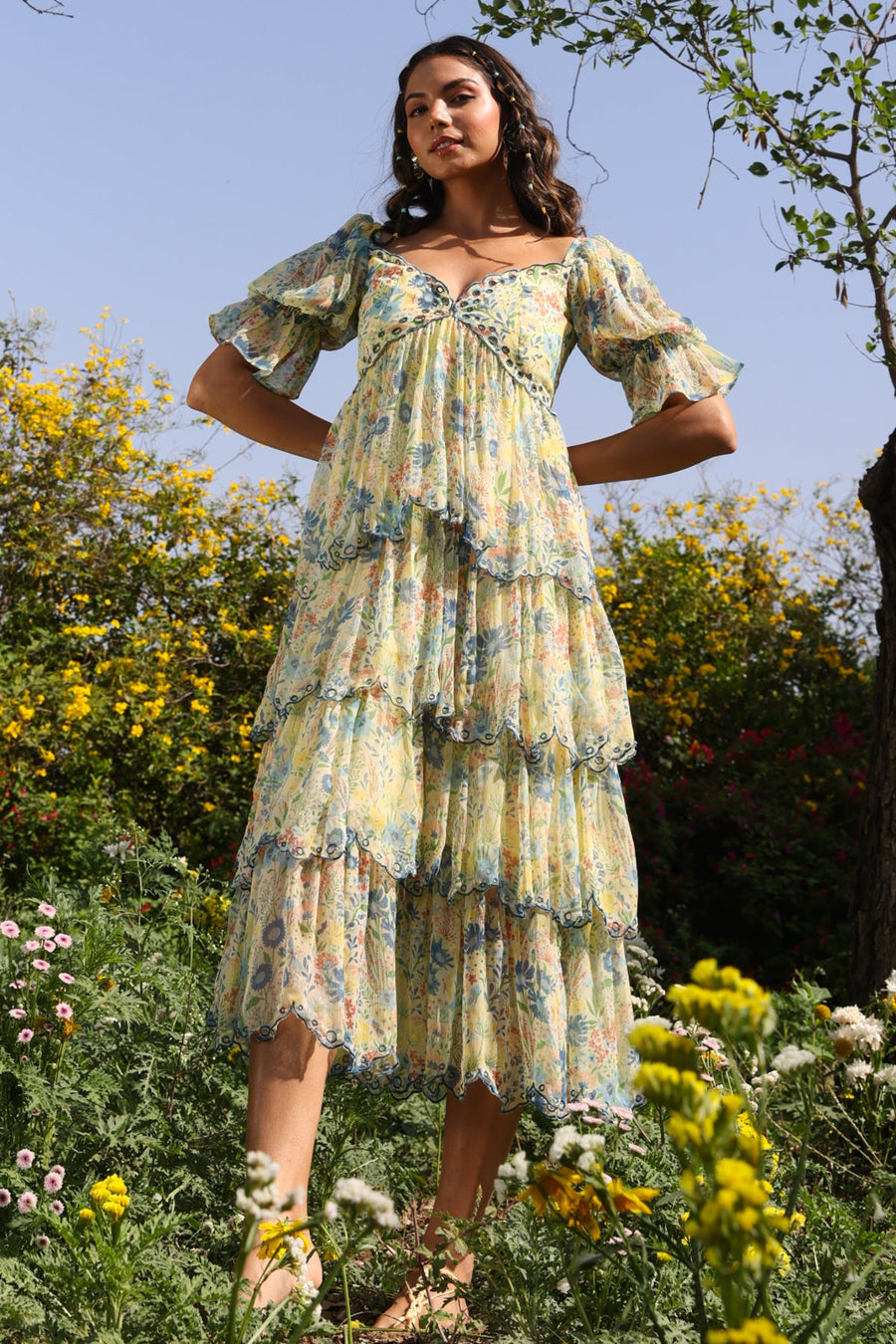 WOMEN'S PASTEL YELLOW - MULTI COLOR CHIFFON CHARMY DRESS