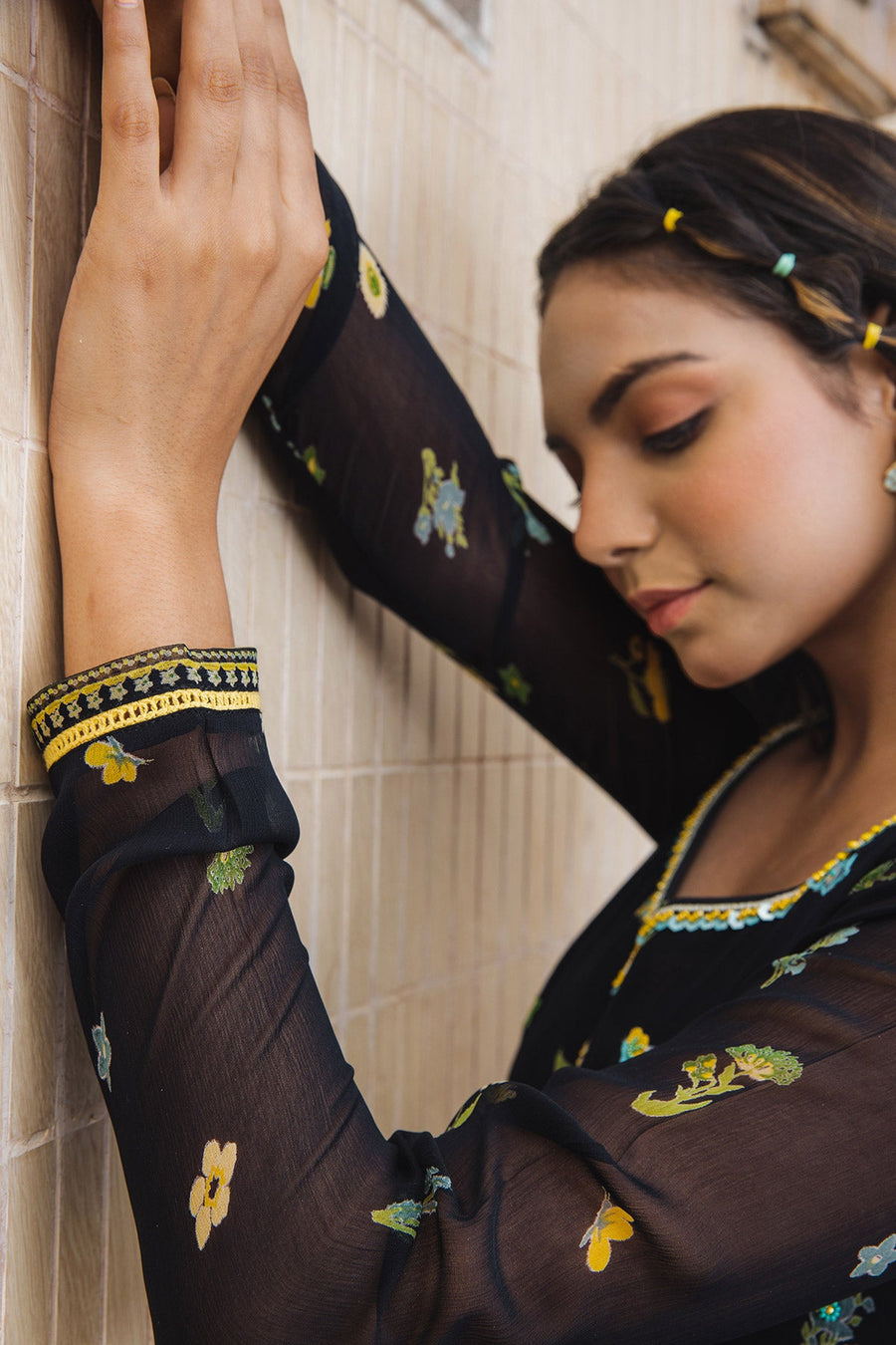 WOMEN'S BLACK - MULTICOLOR CHIFFON STARDUST ANARKALI KURTA