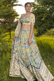 WOMEN'S PASTEL YELLOW - MULTICOLOR COTTON MOSS PARADISE LEHENGA SET