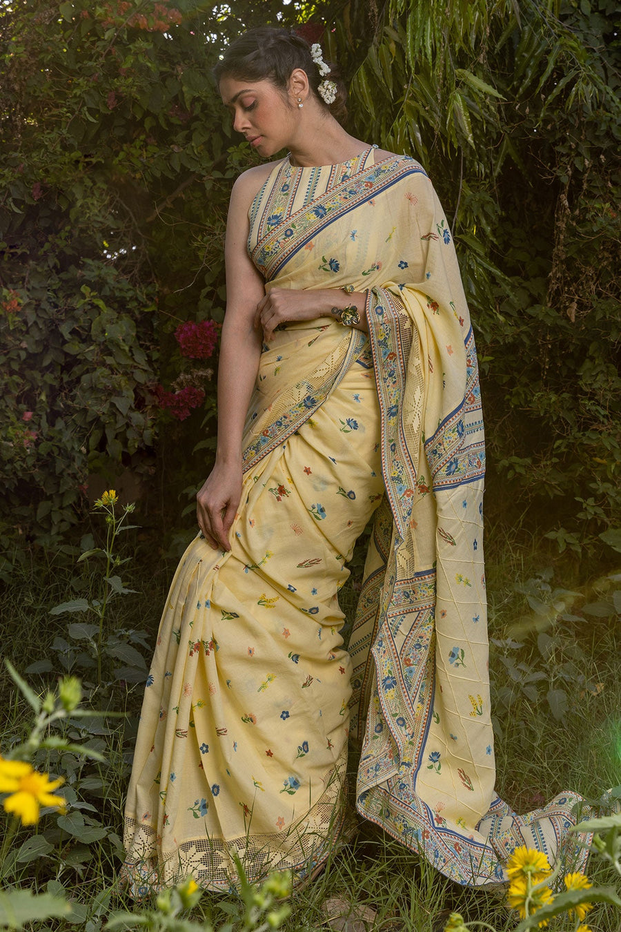 WOMEN'S PASTEL YELLOW - MULTI COLOR COTTON MOSS SERENITEE SAREE