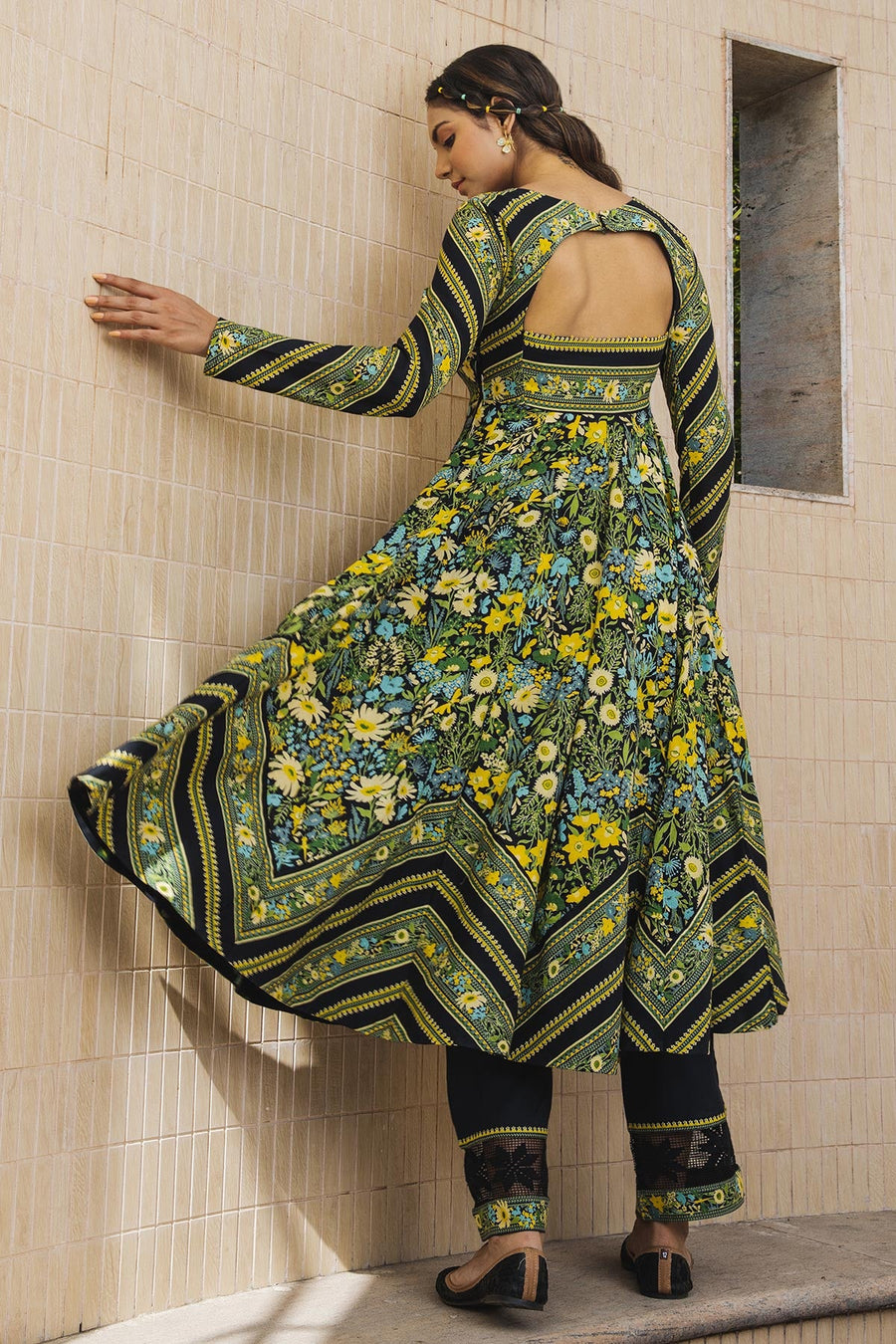 WOMEN'S BLACK - MULTICOLOR COTTON MOSS MIRAGE ANARKALI SET