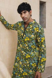 MEN'S BLACK - MULTICOLOR COTTON MOSS OLIVER KURTA