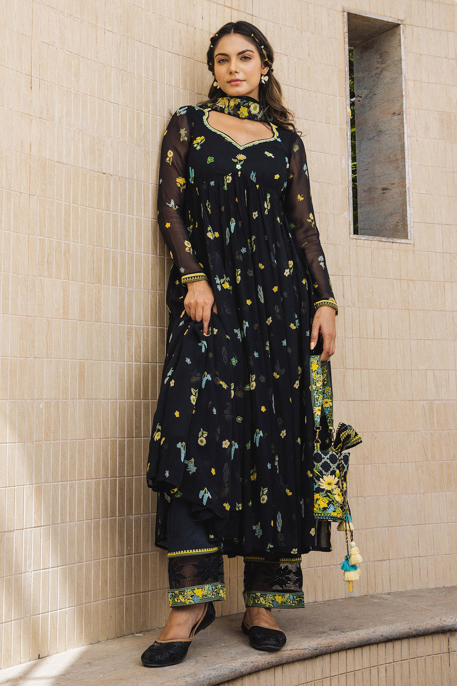 WOMEN'S BLACK - MULTICOLOR CHIFFON  STARDUST ANARKALI SET
