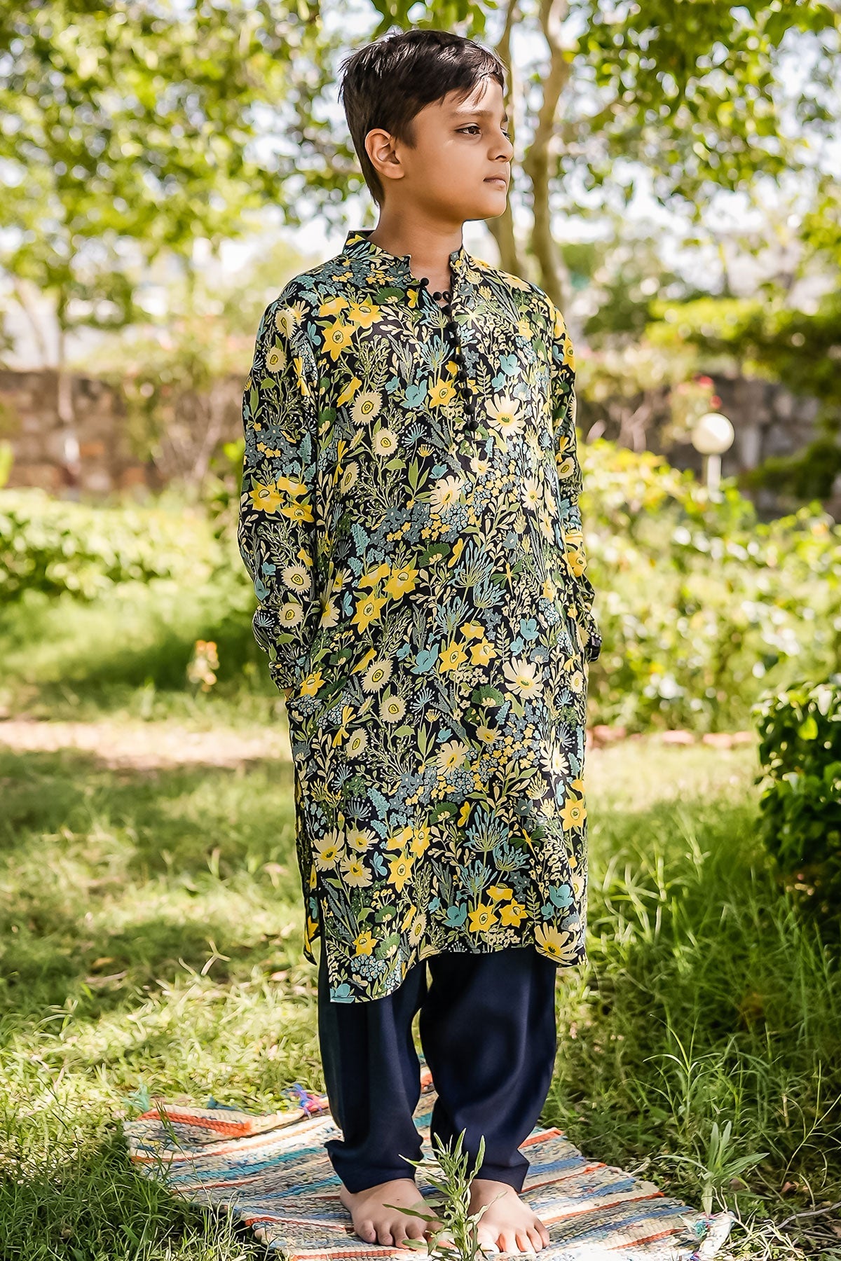 KID'S BLACK - MULTICOLOR COTTON MOSS AMIAS KURTA SET