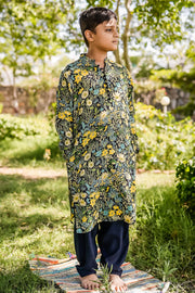 KID'S BLACK - MULTICOLOR COTTON MOSS AMIAS KURTA SET
