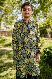 KID'S BLACK - MULTICOLOR COTTON MOSS AMAIS KURTA