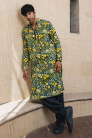 MEN'S BLACK - MULTICOLOR COTTON MOSS OLIVER KURTA