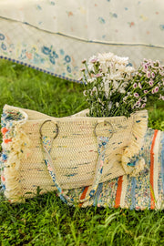 WOMEN'S PASTEL YELLOW COTTON MOSS, CHIFFON AIKO TOTE BAG