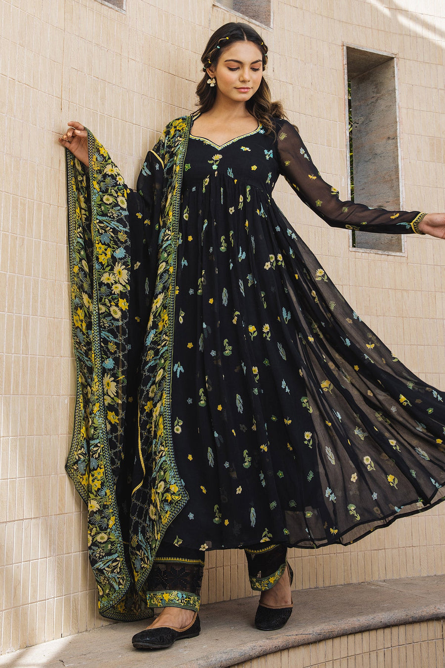 WOMEN'S BLACK - MULTICOLOR CHIFFON  STARDUST ANARKALI SET