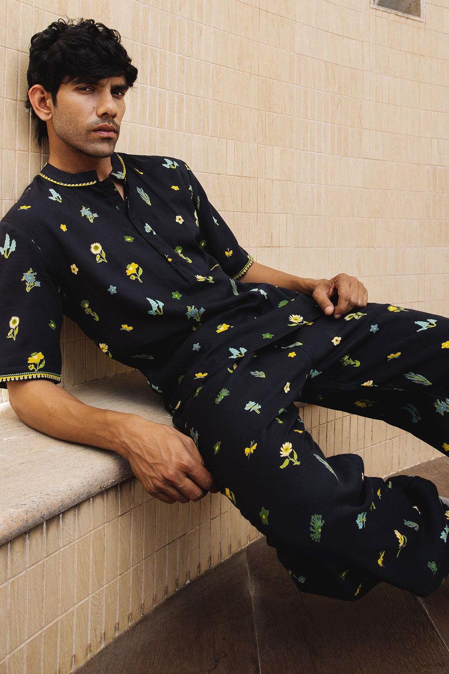 MENS WEAR BLACK COTTON MOSS PHOENIX CO-ORD SET