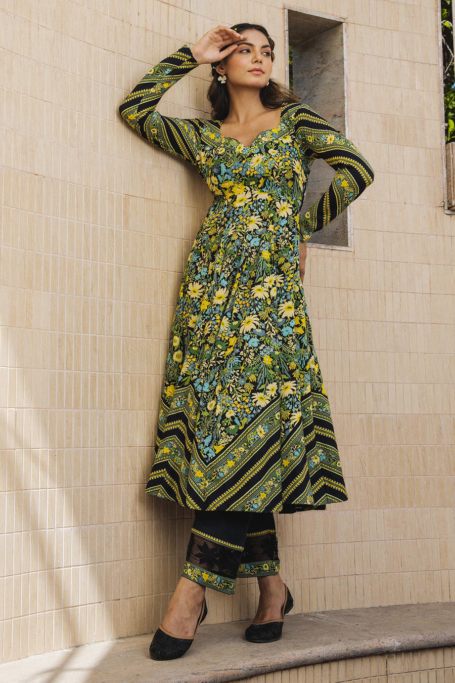 WOMEN'S BLACK - MULTICOLOR COTTON MOSS MIRAGE ANARKALI SET