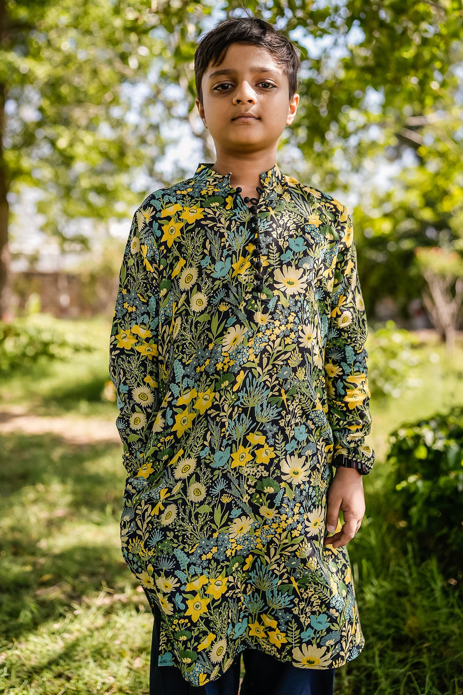 KID'S BLACK - MULTICOLOR COTTON MOSS AMIAS KURTA SET