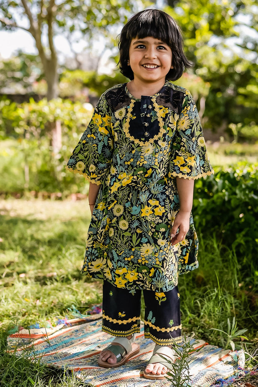 KID'S BLACK - MULTI COLOR COTTON MOSS PIXIE KURTA SET