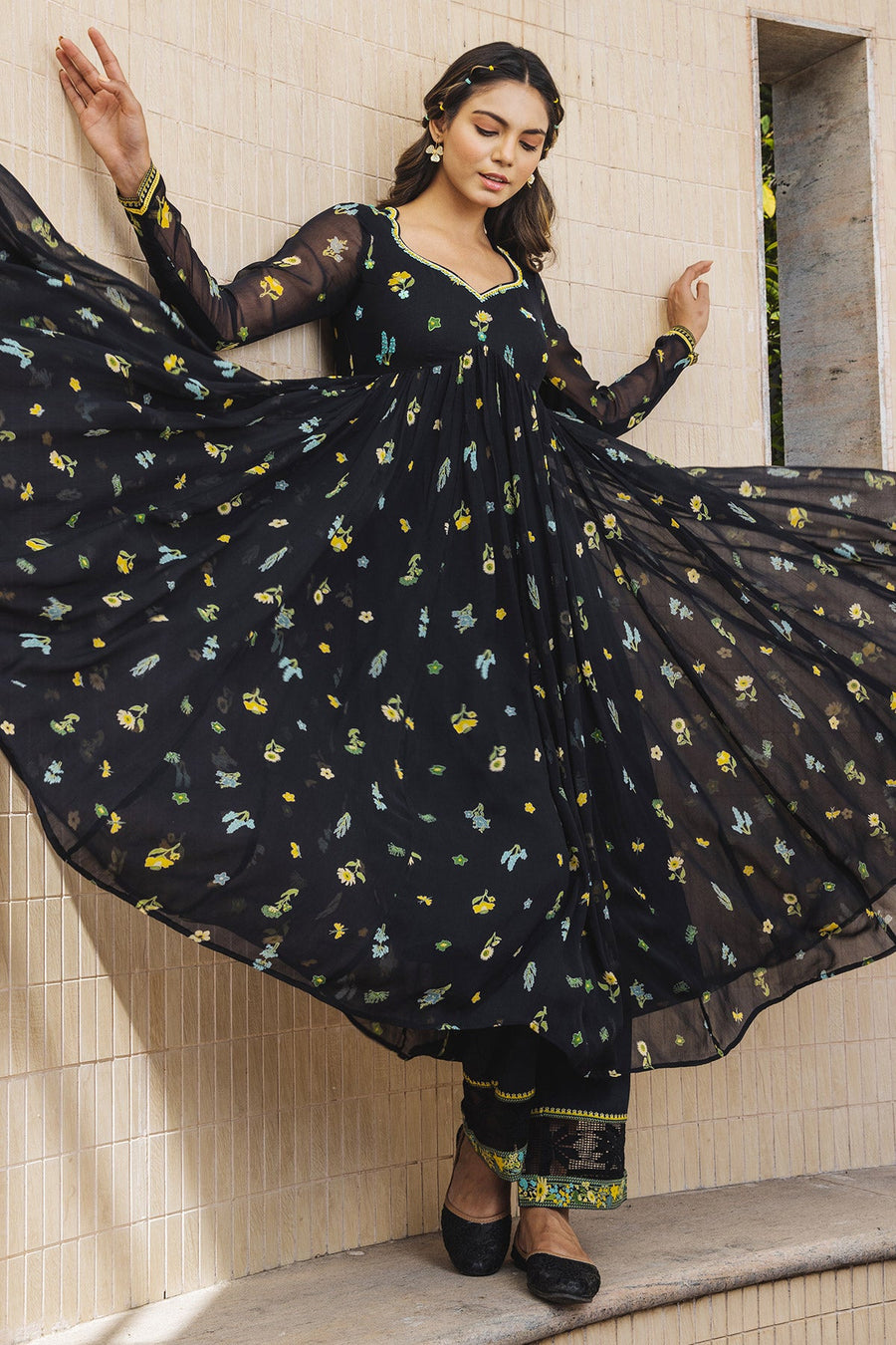 WOMEN'S BLACK - MULTICOLOR CHIFFON STARDUST ANARKALI KURTA