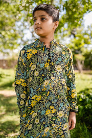 KID'S BLACK - MULTICOLOR COTTON MOSS AMAIS KURTA