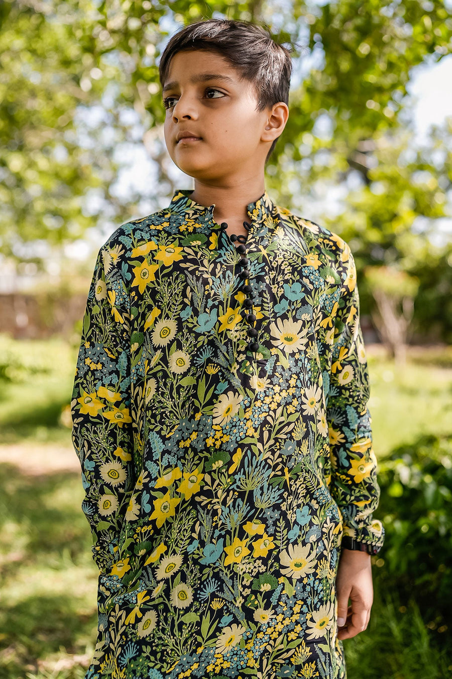 KID'S BLACK - MULTICOLOR COTTON MOSS AMAIS KURTA