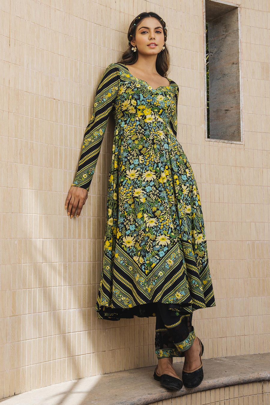 WOMEN'S BLACK - MULTICOLOR COTTON MOSS MIRAGE ANARKALI SET