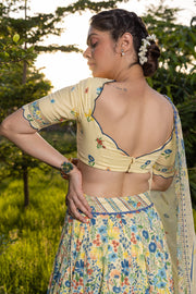 WOMEN'S PASTEL YELLOW - MULTICOLOR COTTON MOSS PARADISE LEHENGA SET